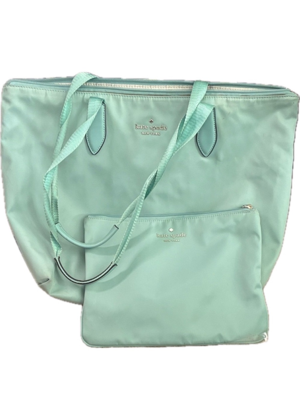 Kate Spade Mel Packable Nylon Tote Aqua Blue w Matching Pouch Zip - GUC
